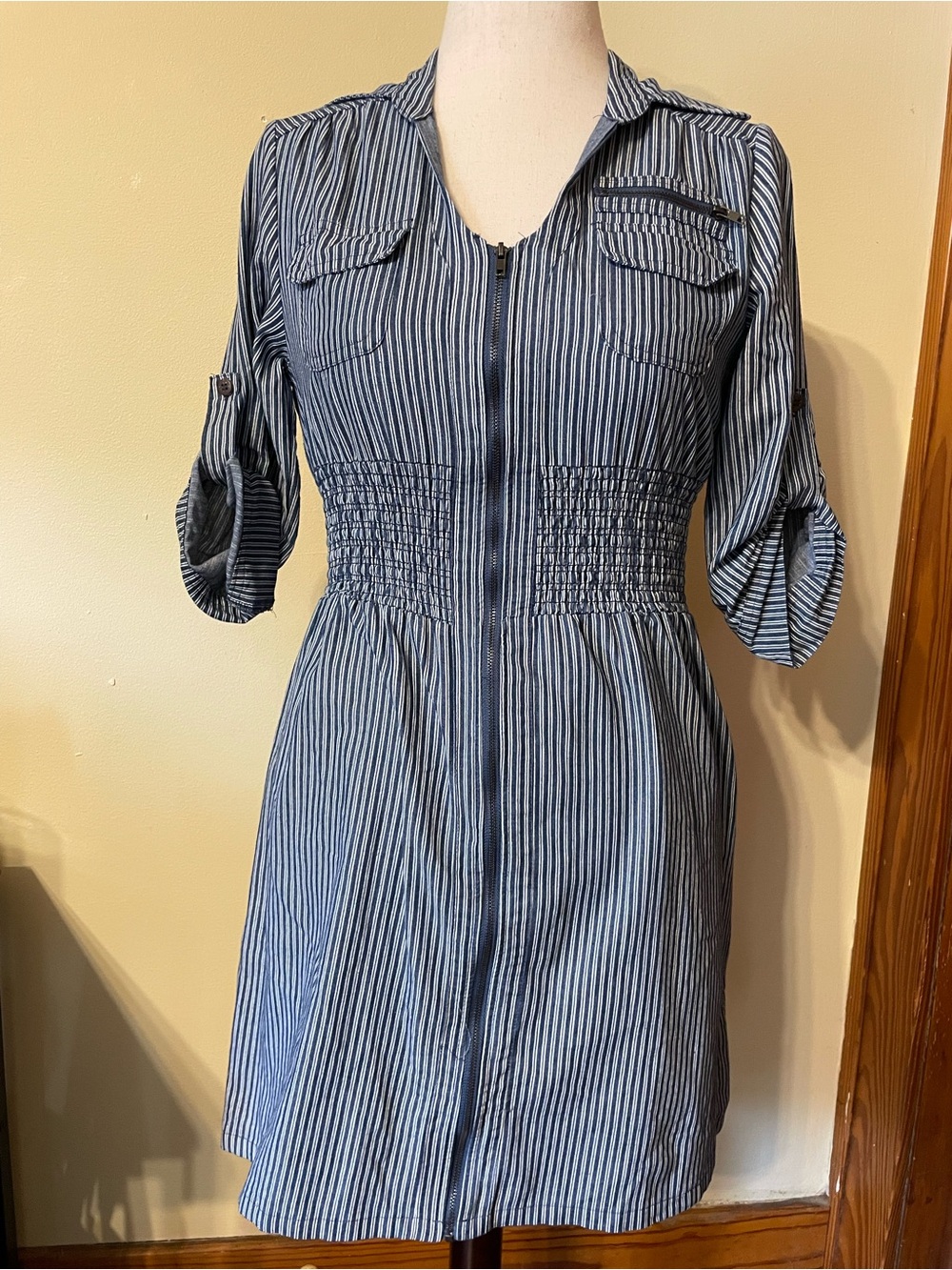 Striped Blue Midi Shirt Dress with Smocked Waist